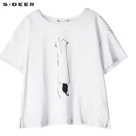 sdeer圣迪奥2019新款女夏素白套头圆领图像印染短袖T恤S18280163图片