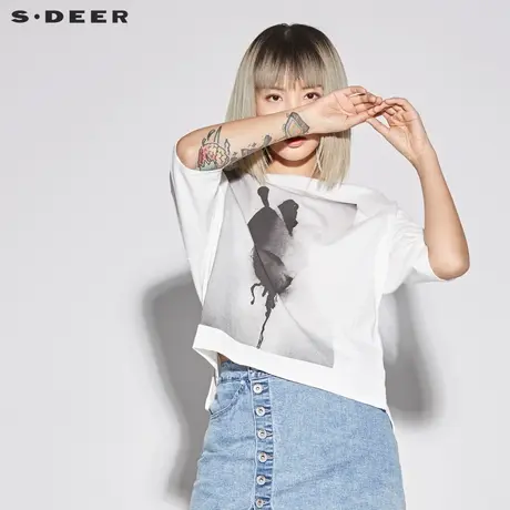 sdeer圣迪奥2019新款女装夏装唯美素白抽象晕染短款T恤S18280150图片