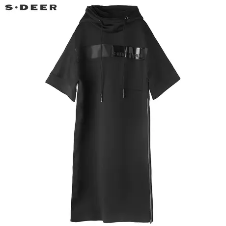 sdeer 圣迪奥酷黑帅气连帽休闲短袖直筒连衣裙S17381297商品大图