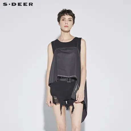 sdeer圣迪奥女装时尚简约圆领撞色字母不规则摆无袖背心S18280609图片