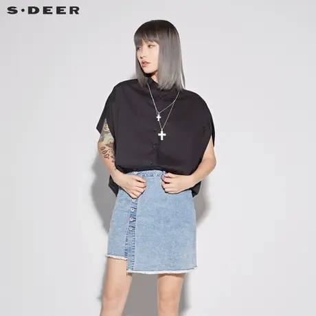 sdeer圣迪奥2019新款女夏装圆领字母宽松蝙蝠款短袖衬衫S18280402商品大图