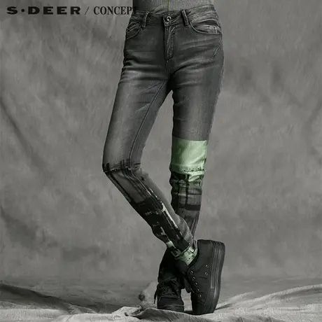 【新品】sdeer圣迪奥专柜正品女弹力质感修身印花牛仔裤S15380808图片