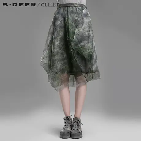 【清仓】sdeer圣迪奥双层网纱印染图案半身裙S15181179商品大图