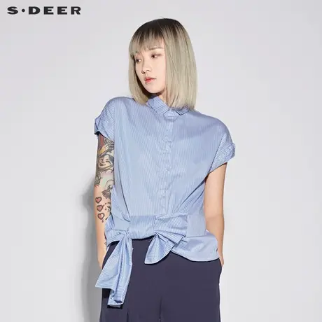 sdeer圣迪奥新款女装夏装翻领蓝白条纹搭片条纹短袖衬衫S18280431图片