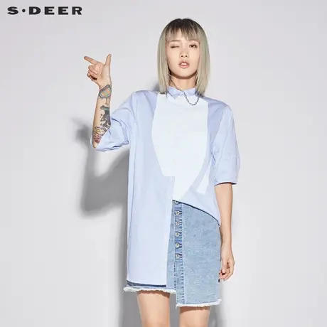 sdeer圣迪奥2019新款女装夏装蓝白条纹立领晕染短袖衬衫S18280422图片