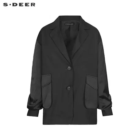 sdeer圣迪奥女装2022新款西装领拼接不规则西装黑色外套S22162206商品大图