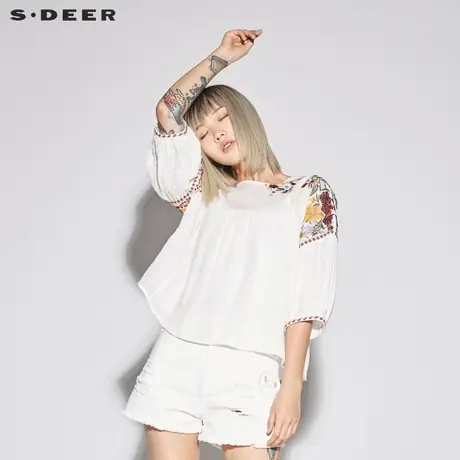 sdeer圣迪奥2019新款女装夏装素白圆领绣花短袖衬衫S18280413商品大图