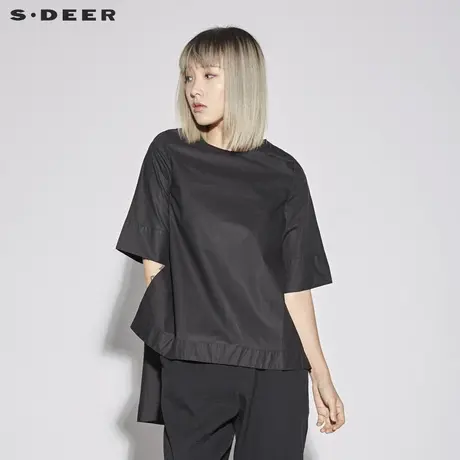 sdeer圣迪奥2019新款女装夏装圆领前短后长摆短袖衬衫S18280420商品大图