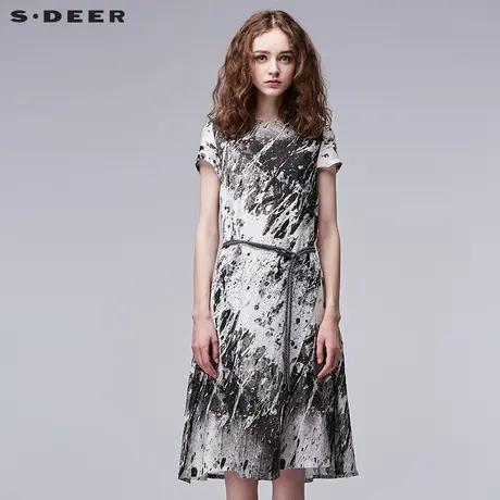【商场同款】sdeer圣迪奥女装抽象黑白印花束腰连衣裙S17281250图片