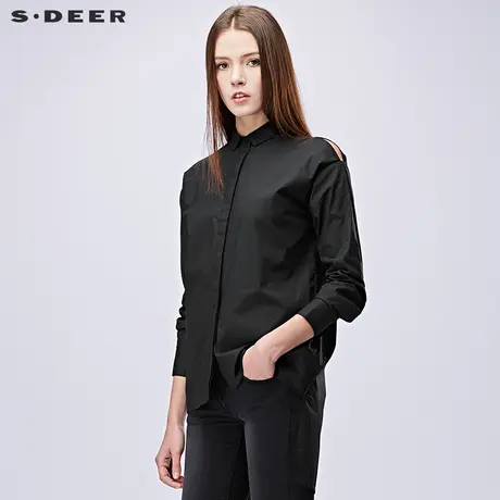 sdeer圣迪奥女装春装优雅漏肩设计前短后长黑色长袖衬衫S17180541图片