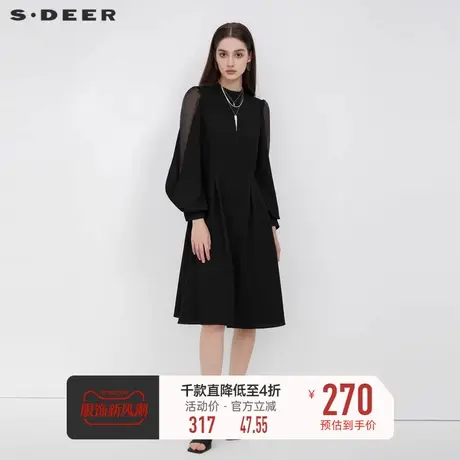sdeer圆领网纱黑色泡泡袖连衣裙S223Z125X图片