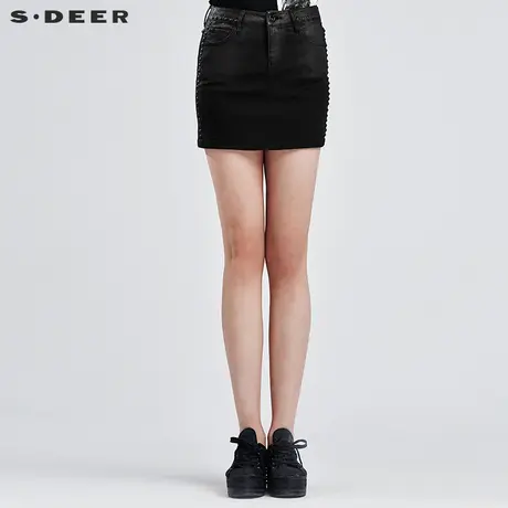 sdeer圣迪奥女夏装酷感纯黑铆钉半身裙S16281335商品大图