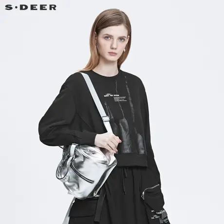 sdeer圣迪奥22春夏新品时尚圆领撞色宽松黑色套头卫衣女S22182201图片