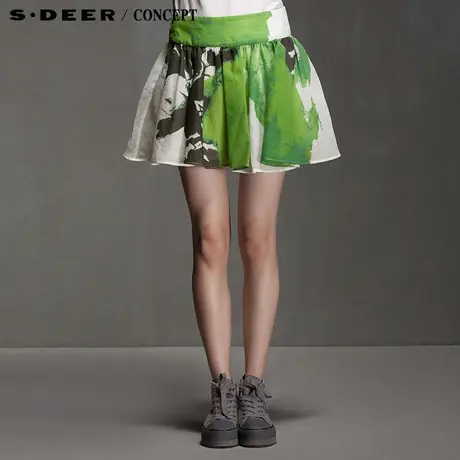 【淘清仓】sdeer圣迪奥女夏装艺文绿意抽象印染短裙子S15281343图片