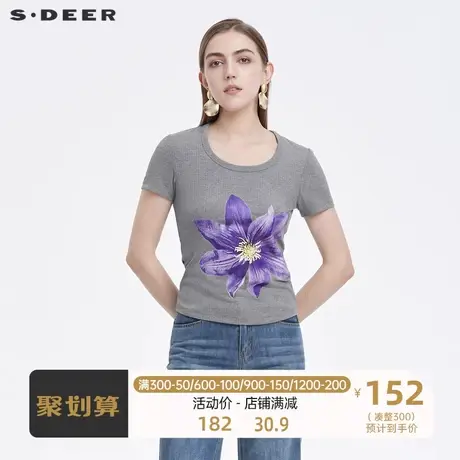 sdeer圣迪奥女装休闲圆领撞色印花基本款短袖T恤S22280193图片