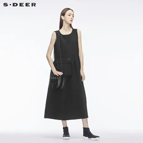 sdeer圣迪奥个性贴袋装饰腰部碎褶造型时尚圆领连衣裙S18381237图片