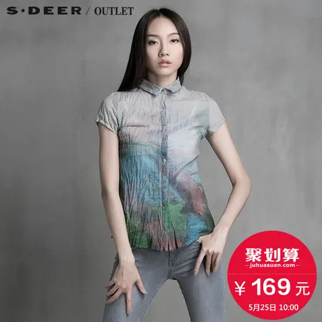 【活动】sdeer圣迪奥女装抽象印花抓皱短袖衬衣S15260410商品大图