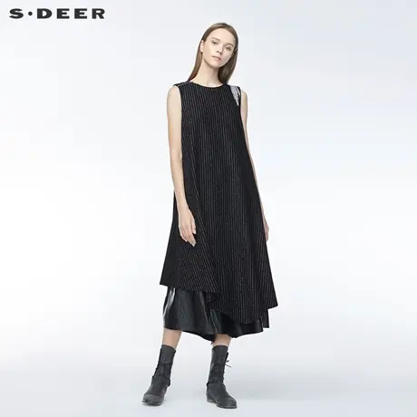 sdeer圣迪奥女装圆领黑白条纹字母胶印不规则背心连衣裙S19481219图片