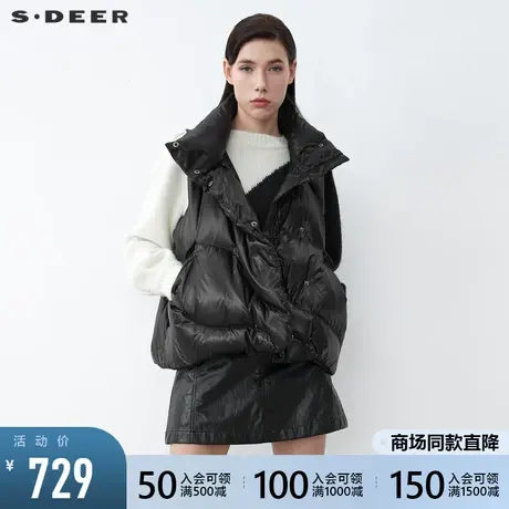 sdeer圣迪奥2021冬装新款休闲高领插袋黑色短款羽绒马甲S21481614图片