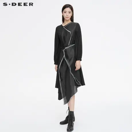 sdeer圣迪奥女装时尚不规则领线条纱质拼接长袖连衣裙S21381217图片