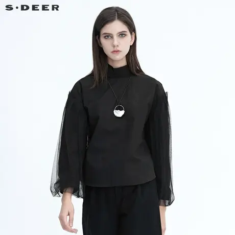 sdeer圣迪奥女装立领网纱拼接黑色衬衫艺术感别致上衣S20480520图片