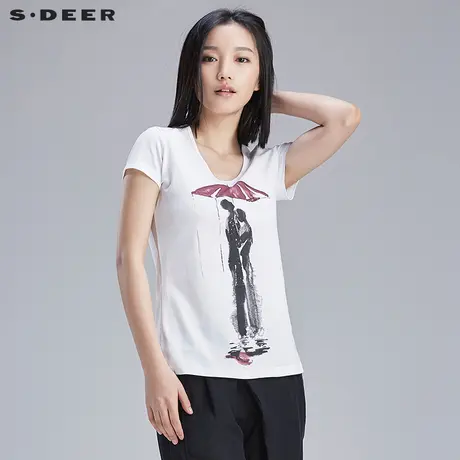 s.deer【新品】圣迪奥女装趣味抽象印花短袖T恤S16280120商品大图