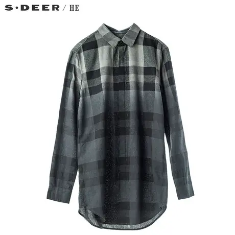 S.Deer/He圣迪奥简约低调格纹设计弧形下摆翻领男式衬衫H15470511图片