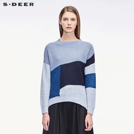 sdeer圣迪奥2019冬装新款蓝调撞色拼接开衩圆领针织衫女S18463599图片