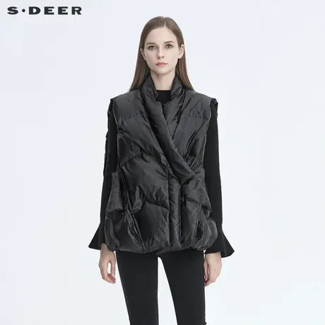 sdeer圣迪奥冬季新款时尚V领拼接黑色短款羽绒背心S20461603商品大图