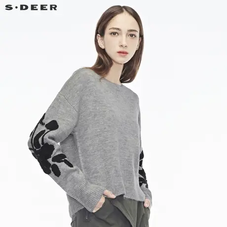 sdeer圣迪奥慵懒气质黑调绣花装饰落肩袖型优雅针织衫S18483508图片