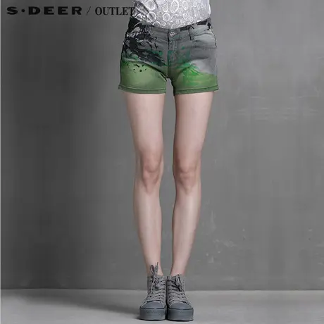 sdeer圣迪奥女鲜绿与灰调撞色涂染休闲短裤S15280984图片
