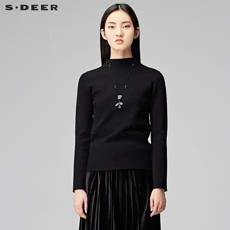 sdeer圣迪奥女装简约休闲纯色圆领套头短款针织衫Y17483503商品大图