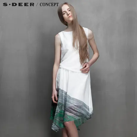 sdeer圣迪奥专柜正品女装夏腰部垂褶绿意抽象涂鸦连衣裙S15281230图片