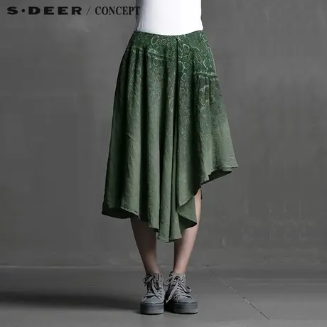 sdeer圣迪奥绿调迷离气泡棉麻不规则摆半身裙S15281113图片
