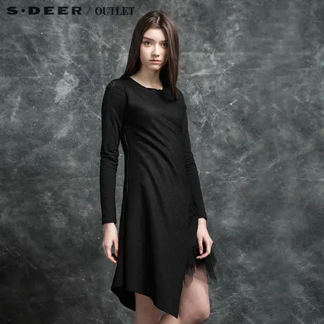 圣迪奥黑色长袖蕾丝连衣裙修身显瘦两件套S14381250图片
