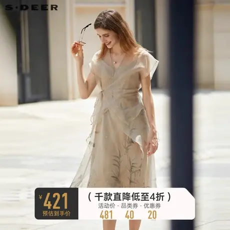 sdeer圣迪奥女装V领印花新中式两件套连衣裙S232Z12W4商品大图
