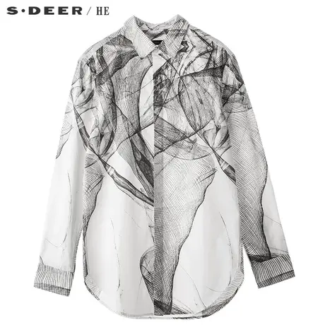 sdeerhe圣迪奥个性撞色抽象图案装饰弧形下摆翻领衬衫H15470587图片