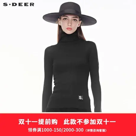 sdeer圣迪奥2019春装新款纯黑简约图标点缀高领针织衫女S18483544图片