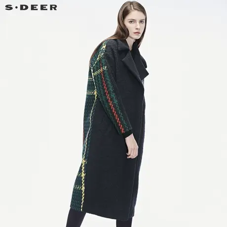 sdeer圣迪奥多色个性针织新潮布贴装饰H廓形平驳领大衣S18481821商品大图