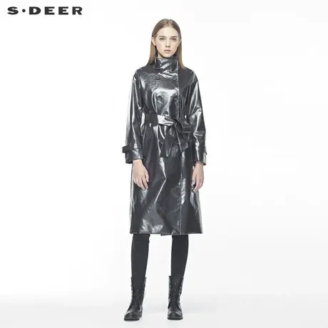 sdeer圣迪奥女装时尚个性高领双排扣抽绳收腰格纹风衣S19381863商品大图