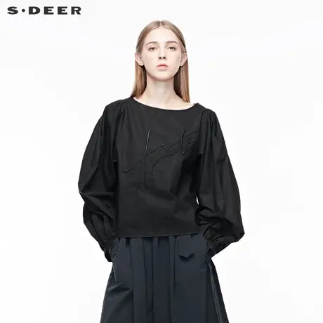sdeer圣迪奥女装时尚休闲字母绣花飘带元素抽褶长袖衬衫S19380520图片