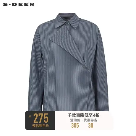 sdeer圣迪奥女装复古翻领斜襟撞色条纹长袖衬衫S233Z0595商品大图