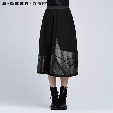 sdeer圣迪奥女装2018春装现代科技感几何分割贴片半身裙S16381130商品大图