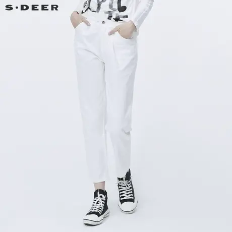 sdeer圣迪奥女装夏季不规则插袋直筒白色全棉休闲长裤S20280845图片