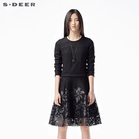 sdeer圣迪奥女装冬装网格拼接简约层次假两件连衣裙S15481210图片