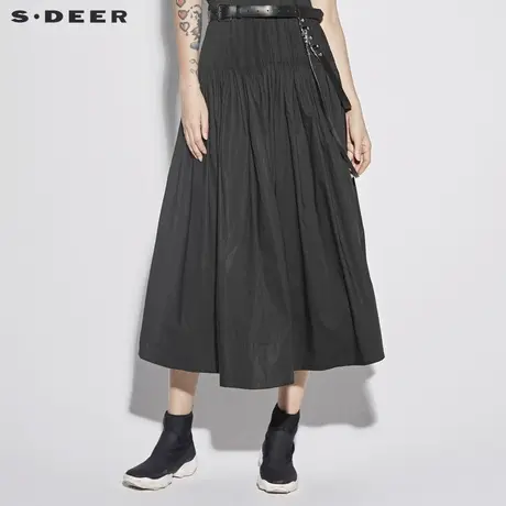 sdeer圣迪奥女装酷黑高腰褶皱大摆长裙S18281145商品大图