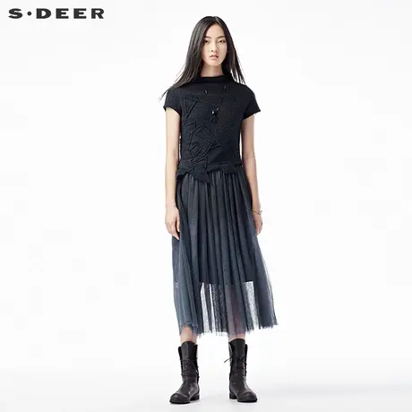 sdeer圣迪奥女冬装不规则几何贴片网纱两件式连衣裙S15481213图片