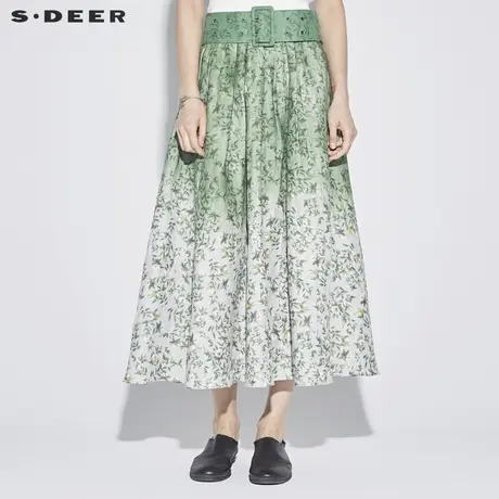 sdeer圣迪奥2019新款清新绿调百褶渐变植物印花半身长裙S18281147商品大图