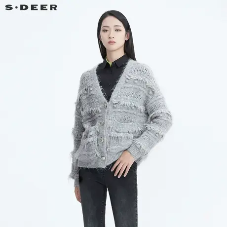 sdeer圣迪奥2020冬新慵懒时尚V领镂空罗纹流苏开衫毛衣S20463530图片