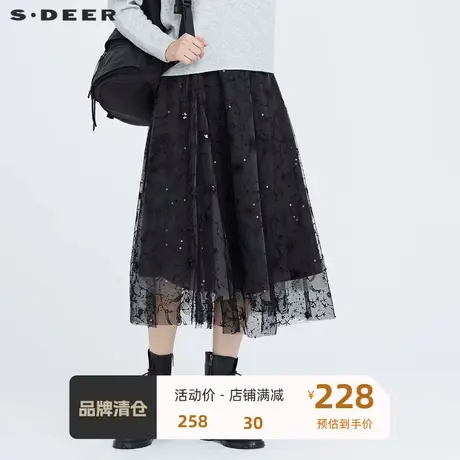 sdeer女装2020冬季新款绣花串珠亮片网纱复古长裙S20461111图片